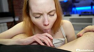 Ball-licking redhead girlfriend gives her man a deepthroat blowjob
